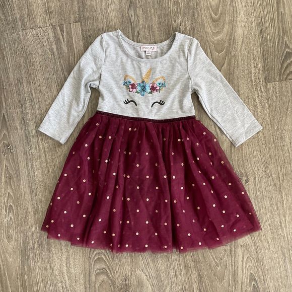 Chenault Girl Dress Size 4/5 GrayTulle Unicorn‎ Long Sleeve Burgundy Sparkle - Picture 1 of 5